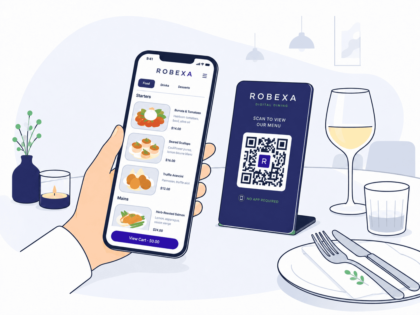 QR-Code Bestellung am Tisch mit digitaler Robexa Speisekarte auf dem Smartphone