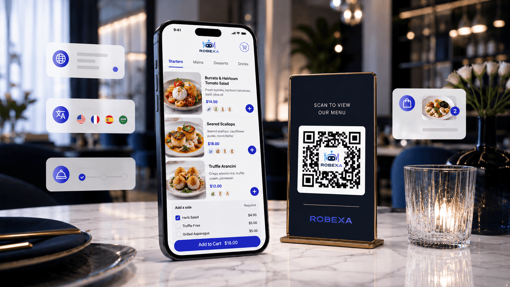 Gast nutzt eine digitale Speisekarte mit QR-Bestellung am Restauranttisch
