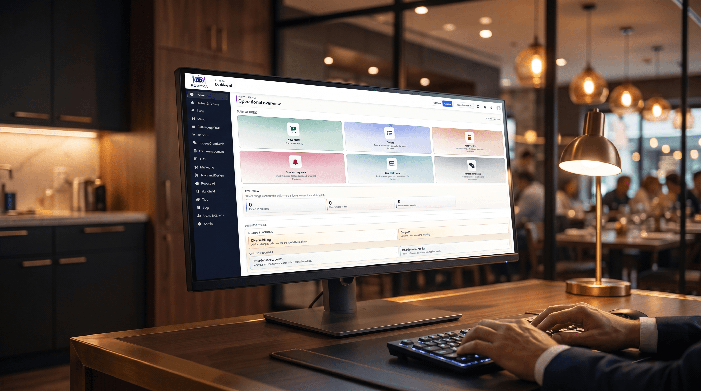 Admin-Dashboard auf einem Monitor im Restaurantbüro