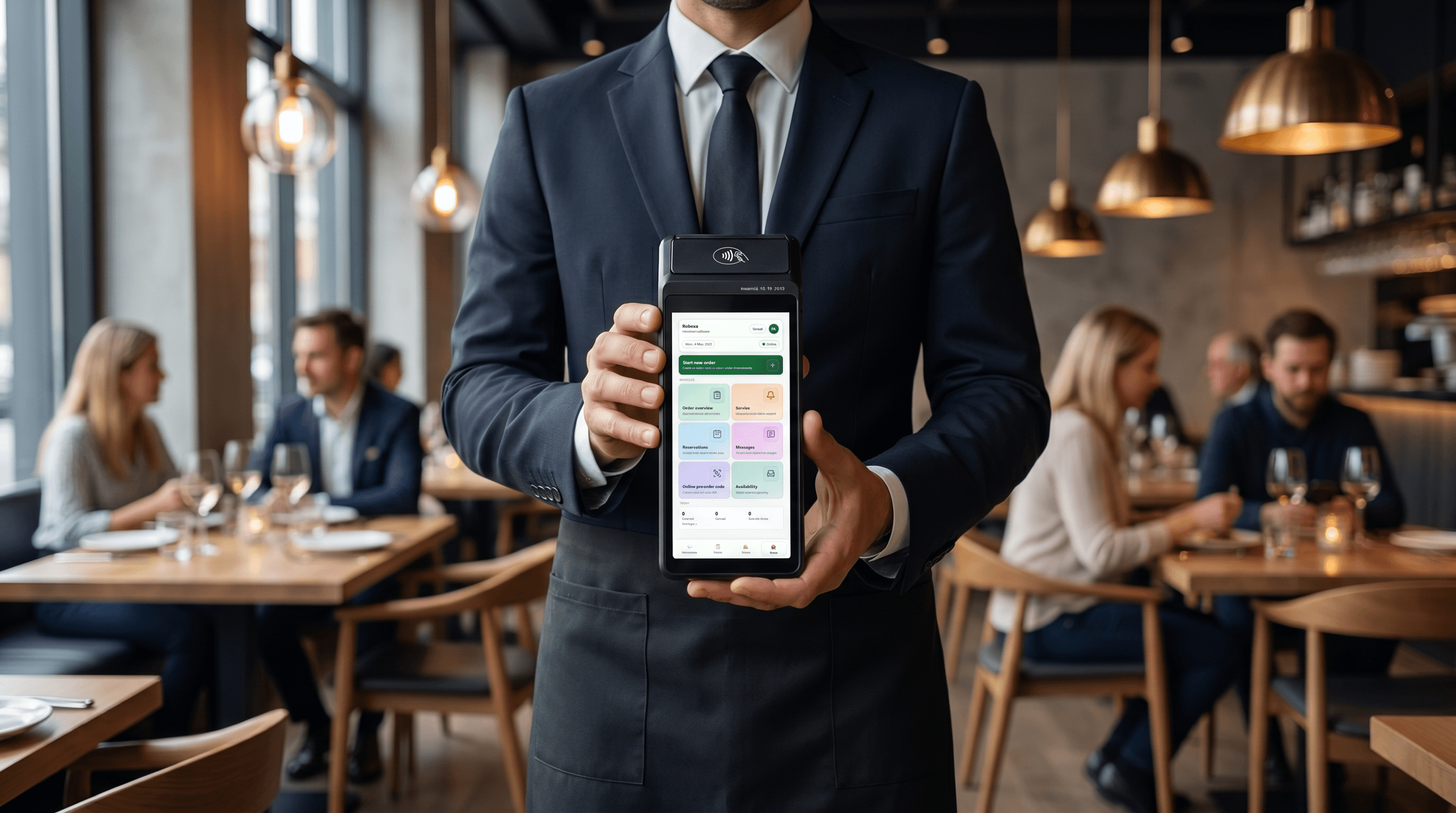 Restaurantmitarbeiter hält ein Handheld-Gerät