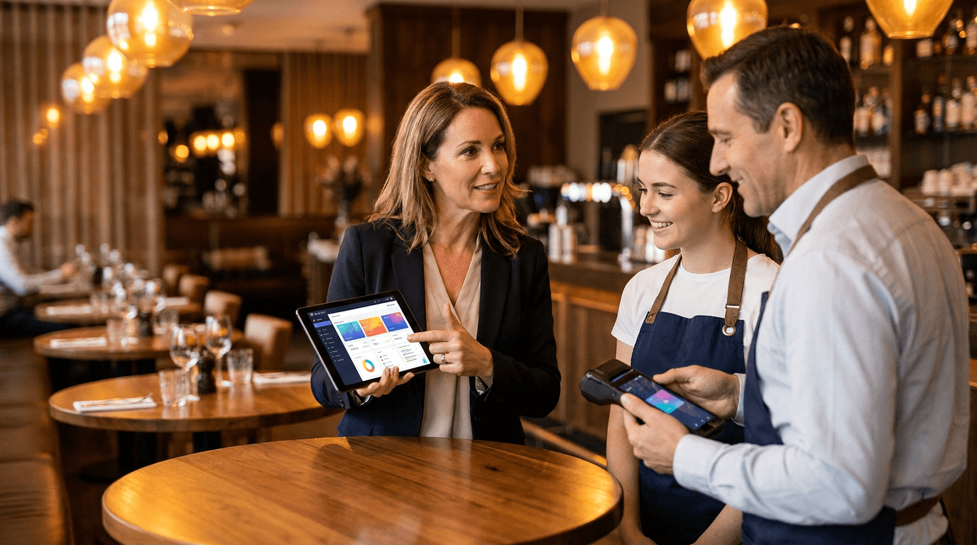 Robexa Mitarbeiter schult Restaurantpersonal am Tablet und Handheld