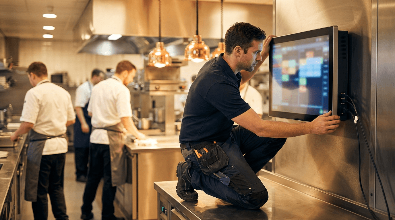 Robexa Techniker installiert ein KDS in einer Restaurantküche